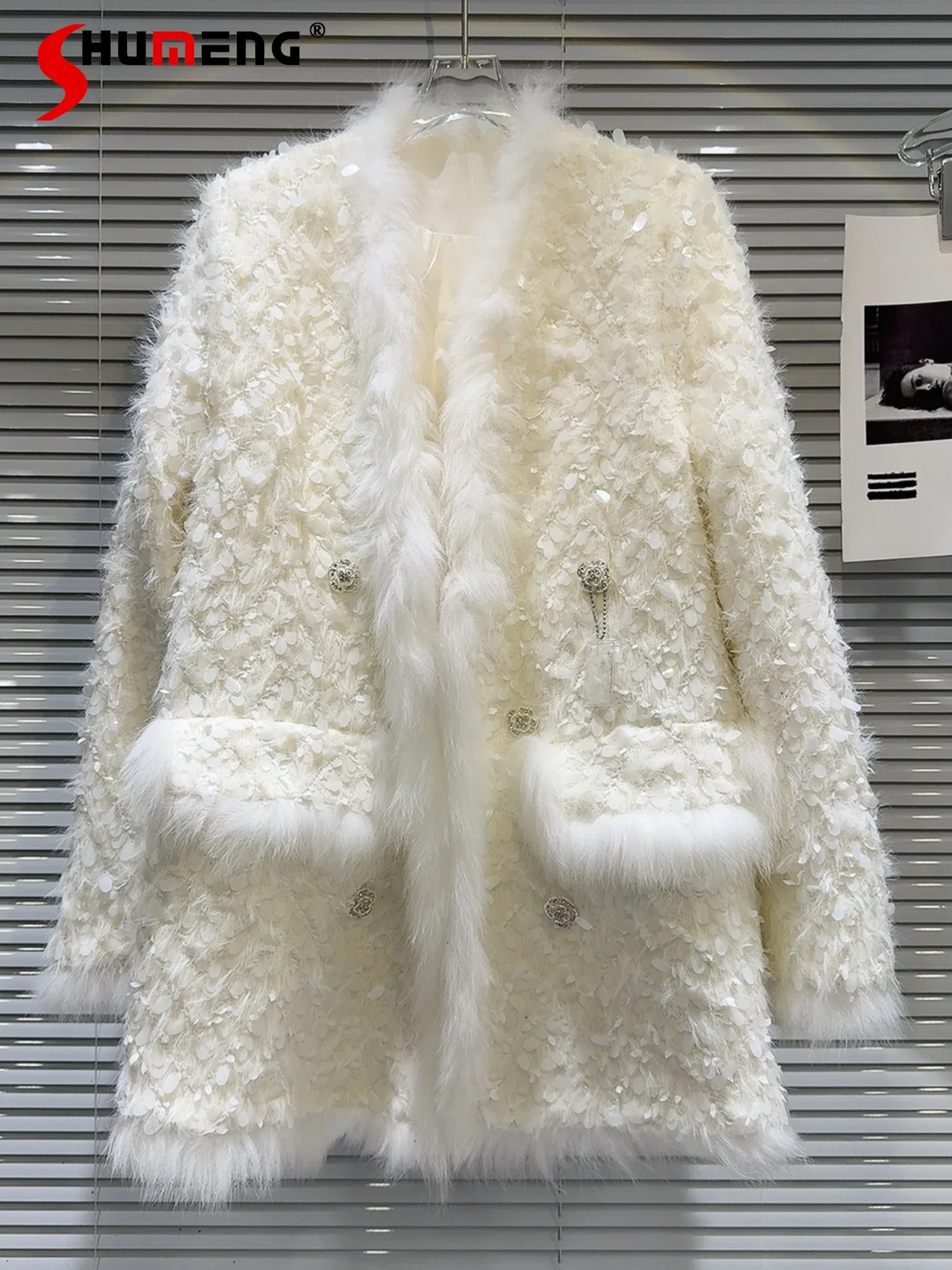 

Женский твидовый пуховик с длинным рукавом, элегантный плотный теплый пуховик с круглым вырезом, одежда для зимы 2023