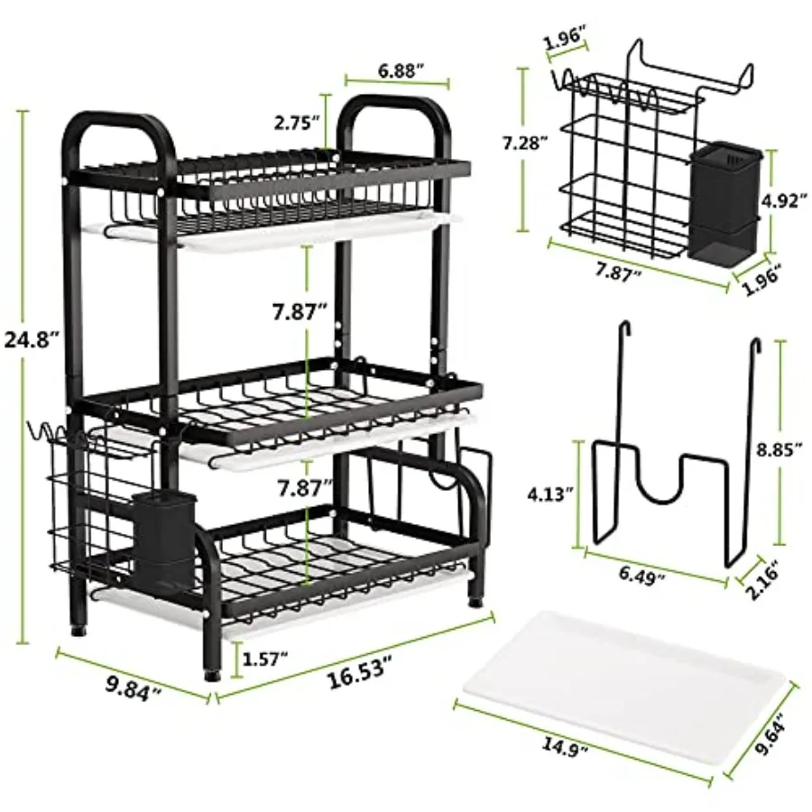 Drying Rack Metal 3Tier Large Capacity Dish Rack with Utensil Holder Cutting Board Holder Drain Board Tray for Kitchen Counter