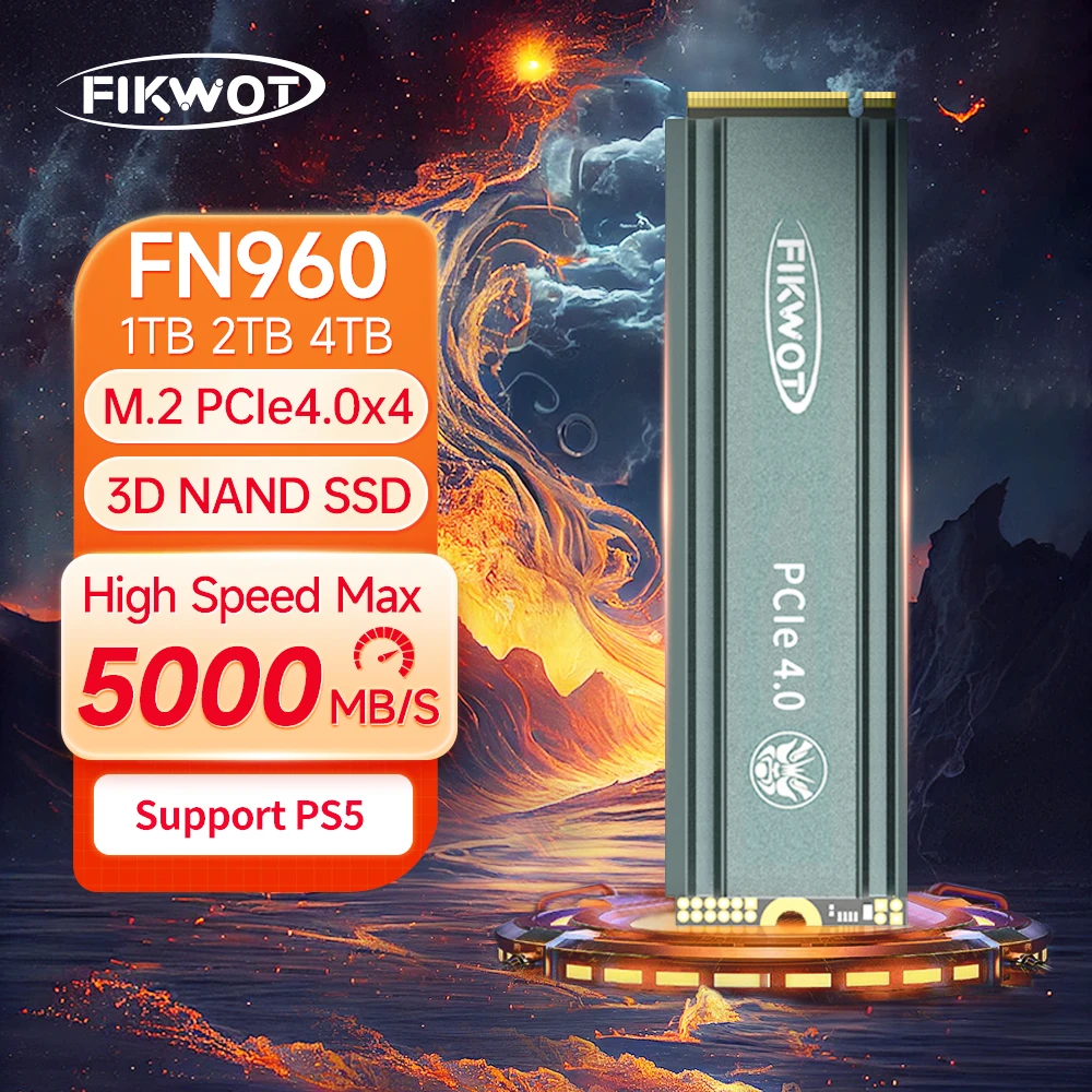 

Fikwot FN960 M.2 SSD 512 ГБ 1 ТБ 2 ТБ с радиатором 5000 МБ/с PCIe4.0x4 NVMe Внутренний твердотельный накопитель для ПК PS5 Настольный SSD-диск