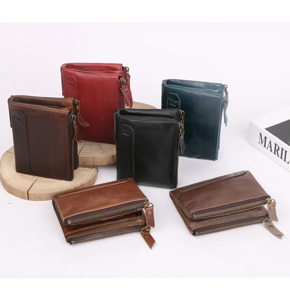 RFID Retro Cowhide Leather Wallet for Men Multi Card Top Layer Double Zipper Change Slot Fashionable