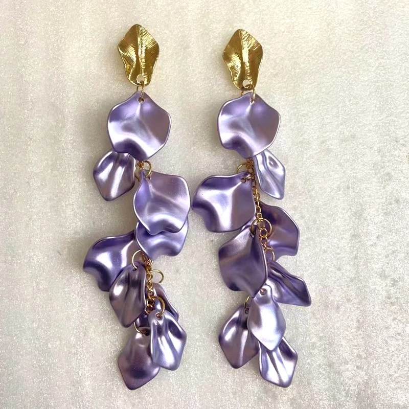Gold Metal Leaf Acrylic Petal Tassel Earrings - Bold Floral Statement in Rose, Pink, and Orange