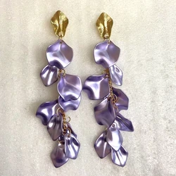 Gold Metal Leaf Acrylic Petal Tassel Earrings - Bold Floral Statement in Rose, Pink, and Orange (Shiny purple)