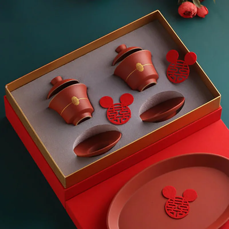 Gaiwan Porcelain Ceramics Teacups Cups, Chinese Double Happiness Cover Bowl, Saucer for Red Wedding Party, Ceremony Gifts