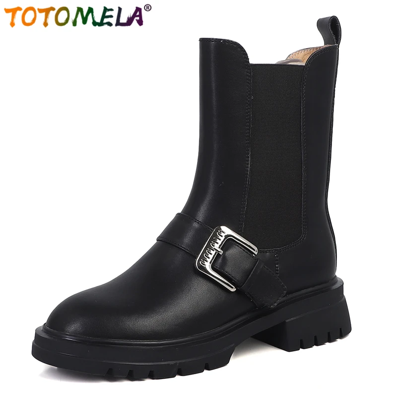 

TOTOMELA Size 34-42 Genuine Leather Chelsea Boots Women Shoes Buckle Square Heels Platform Ankle Boots Handmade Women's Booties