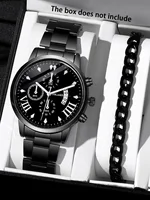 2pcs Fashion Business Calendar Men's Round Roman Scale Steel Band Quartz Watch with Trendy Chain Bracelet Set 2