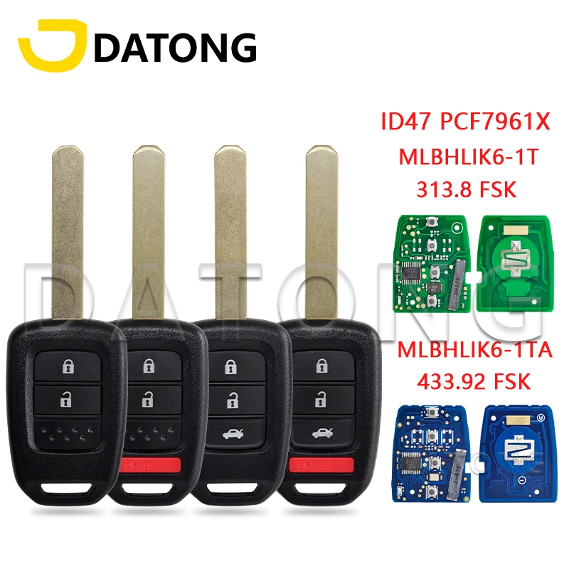 Datong World Car Key For Honda Civic Accord 2013-2017 CRV 2013-2015 ID47 PCF7961X 313.8MHz 433.92MHz MLBHLIK6-1T/A Remote Key car aux bluetooth digital audio decoding for civic 2006 2013 for crv 2008 2013