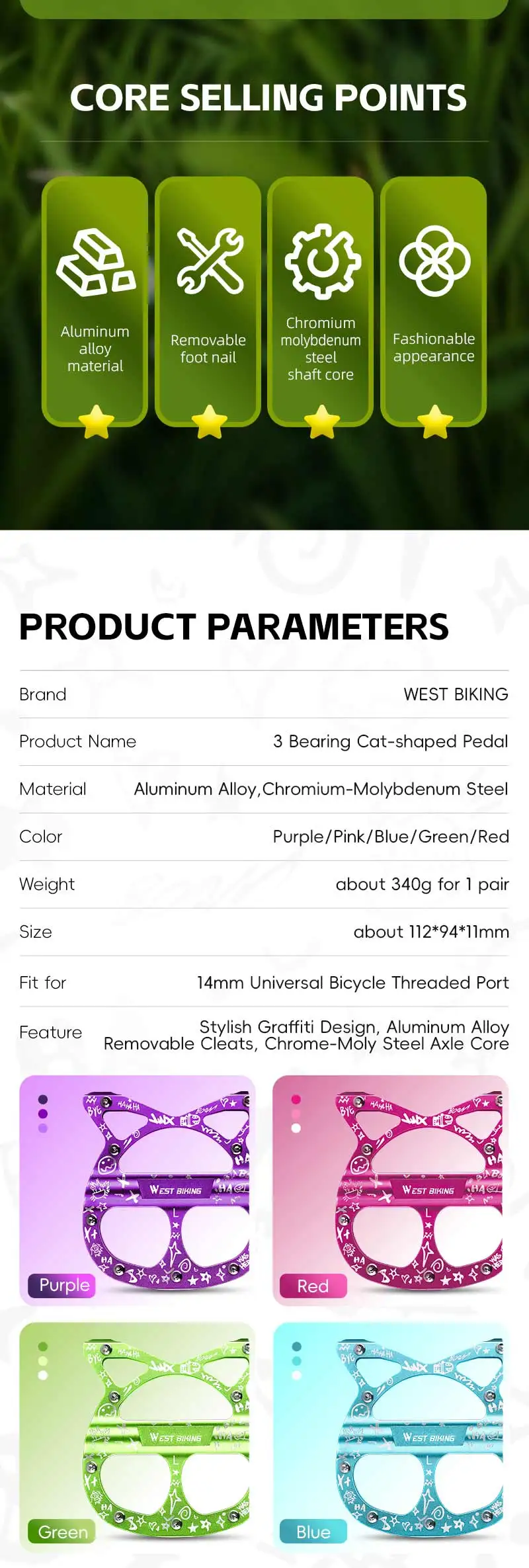 Description Picture 3 of itemWEST BIKING Bicycle Pedals 3 Bearing Cat Shaped MTB Road Bike Pedals Flat Platform Seal Bearings Cycling Pedals Bike Accessories