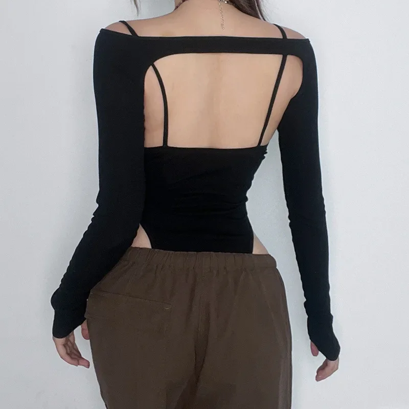 Traje de festival de verano de una pieza con parches de color liso, lencería informal de manga larga, mono sexy con cordones ligeramente transparentes