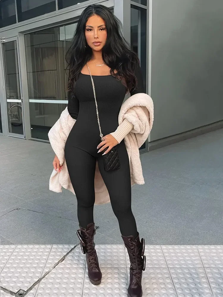 Sexy Bodysuit Overall Jumpsuits 2023 Ribbed Knit Long Sleeve Bodycon Romper Playsuit Fall Outfits Women Workout Clothes