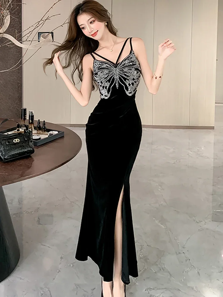2026 Black Velvet Chic Diamond Bow Luxury Sling Long Dress Women Fashion  Backless Sexy Club Dress Autumn Winter Elegant Vestidos