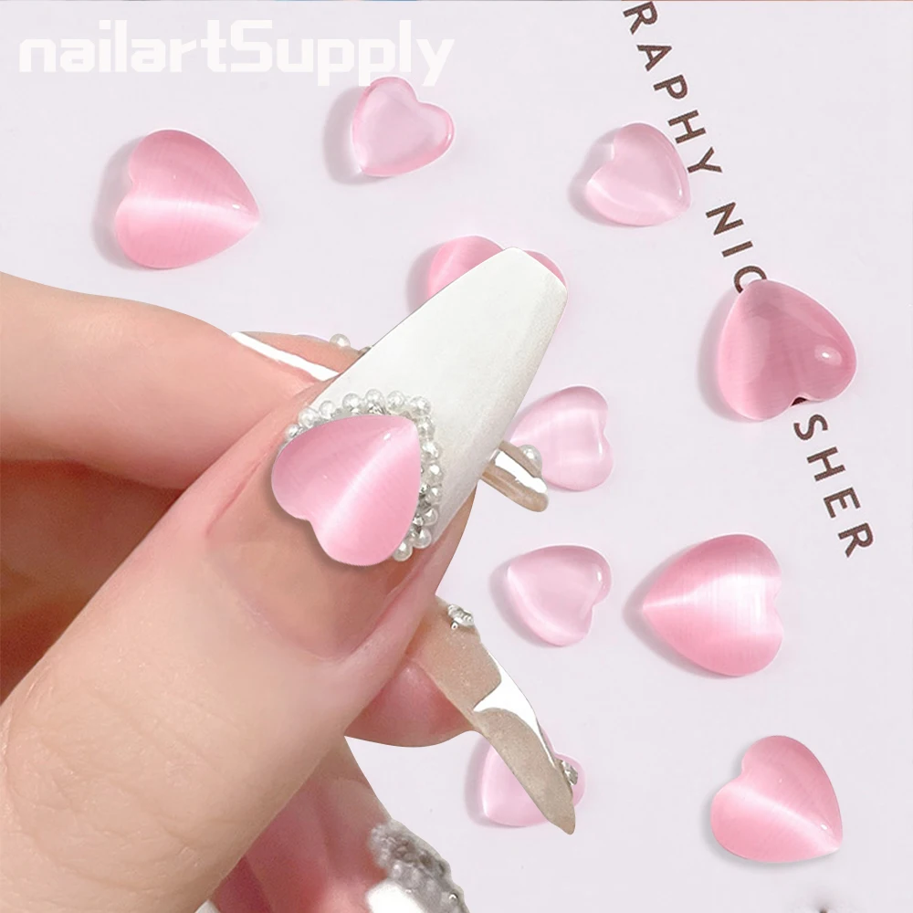 

50Pcs Valentine Cat's Eye Love Heart Nail Rhinestone Opal Stones White/Pink Crystals Nail Art Glitter Stones DIY Manicure Decors