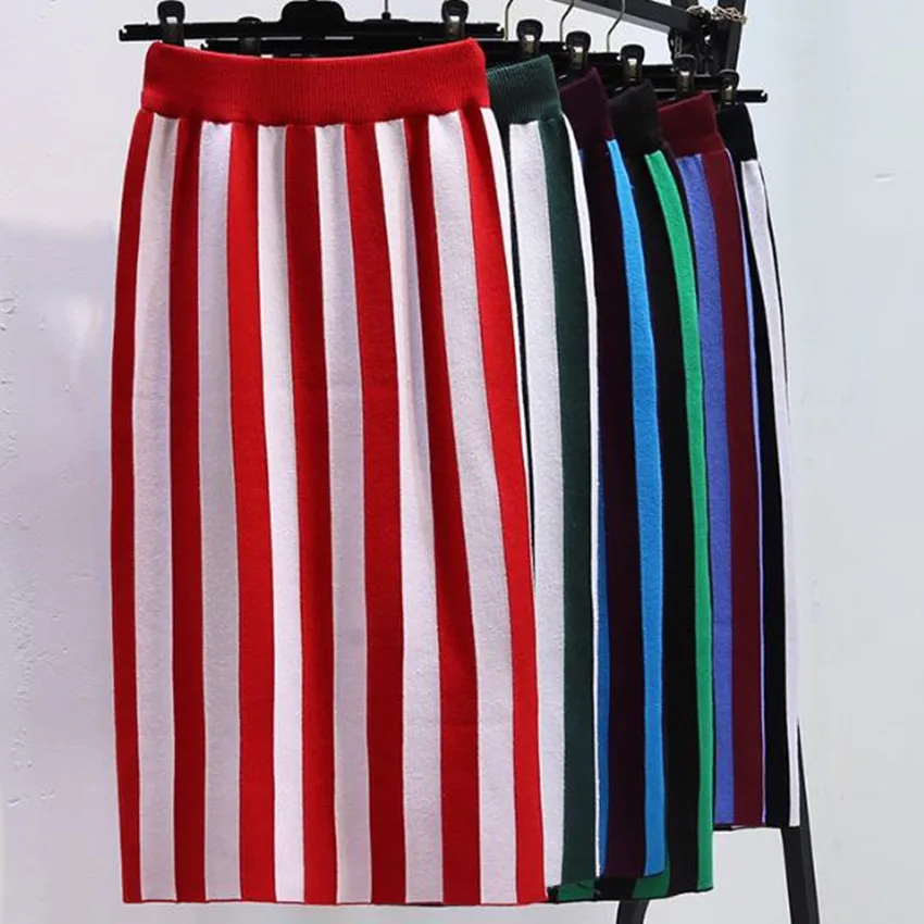 Autumn Winter Classical Striped Straight Knitted Skirts Women High Waist Package Hip