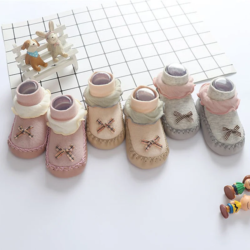 Baby Walking Socks Soft Sole Shoes 0-2Year Newborn Early Education Adhesive Anti Slip Floor Sock Cute Bow Shoe Kids Footwear
