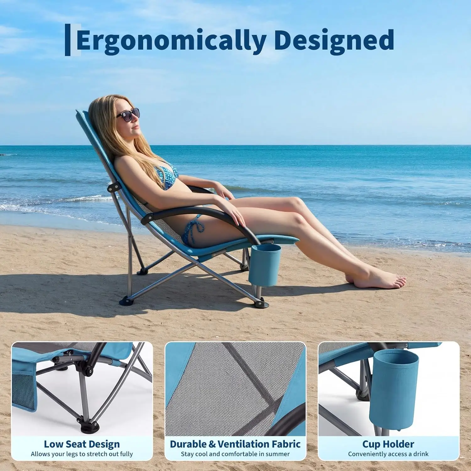 Folding Beach Chair Low, Lightweight Portable Camping Chairs with High Backrest, Wide Seat & Padded Armrests, Picnic Deck Chair
