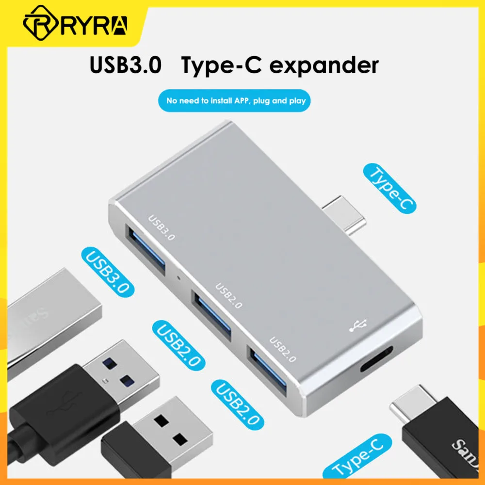 

RYRA Mini Zinc Alloy USB 3.0 Hub 4 In 1 Multi -port Docking Station Splitter High Speed Data Transmission Adapter For PC Laptop