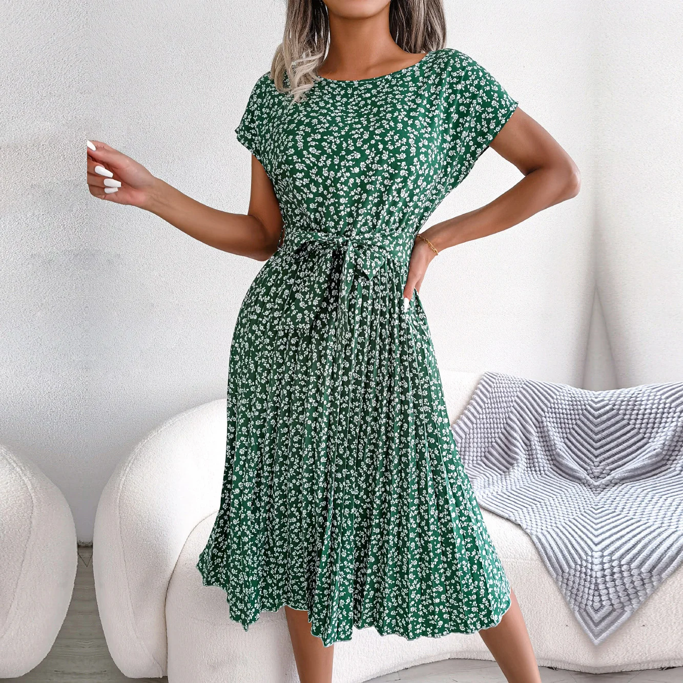 

Women Spring Summer Short Sleeve High Waist Chic Dress Fashion Floral Pleated A Line Long Dress