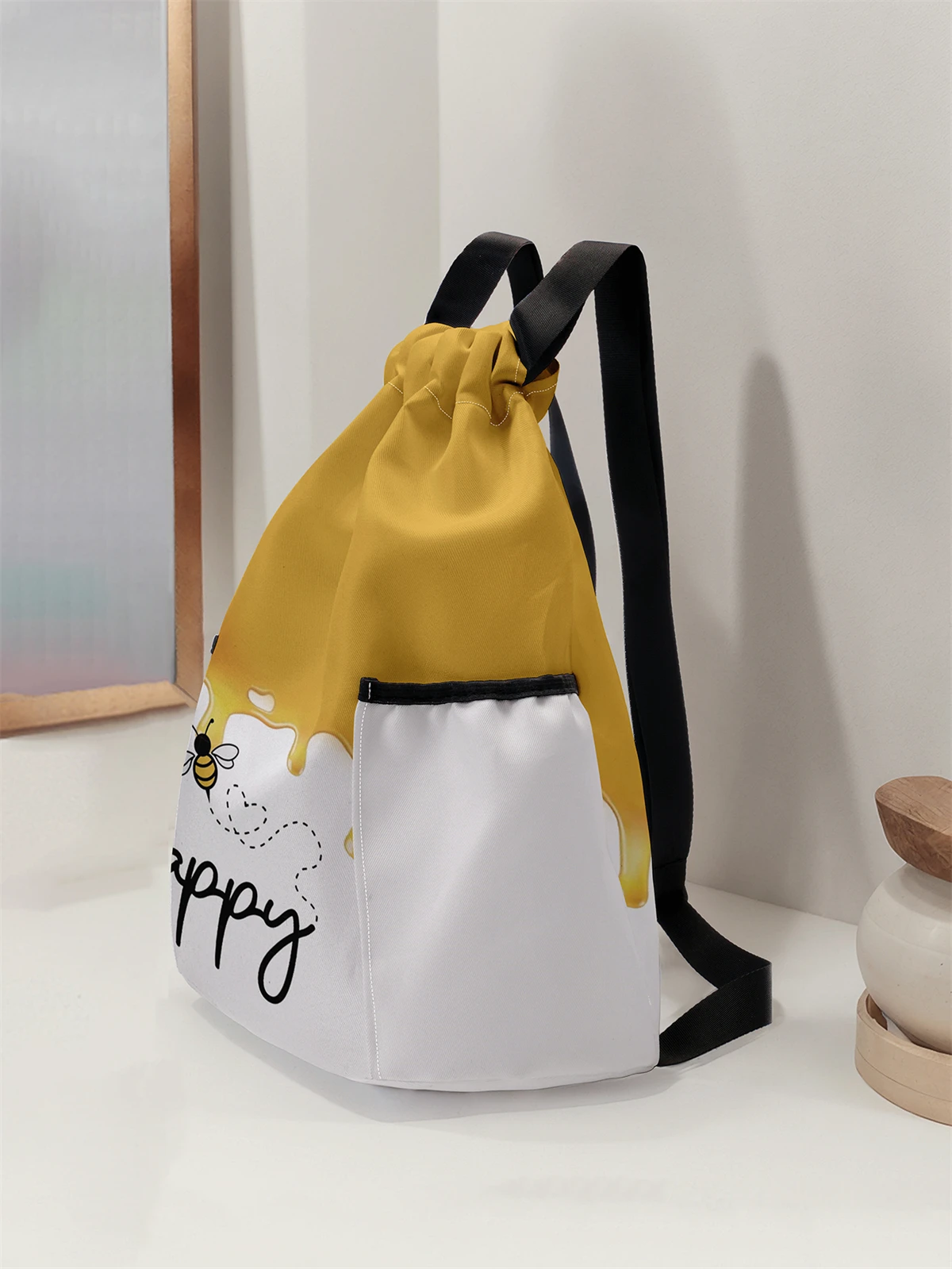 Bee Pattern Drawstring Backpack - Large Capacity Durable Fitness Bag, Adjustable Shoulder Straps, Sports Beach Backpack