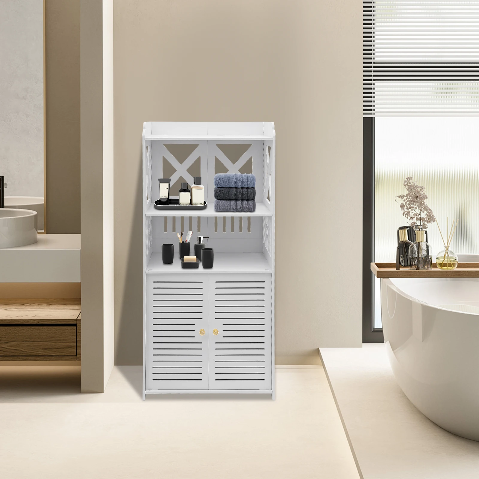 90 cm Hoher Badezimmerschrank - Premium PVC & Mehrstöckige Aufbewahrung, Wasserbeständig & Platzsparend, Geschnitztes Design & Belüftungslöcher, für Zuhause – Detail 1