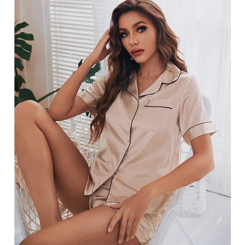 

Soft Button-Down Size Sets Sleepwear Pajamas Plus Women's Silk Satin M-3XL Loungewear