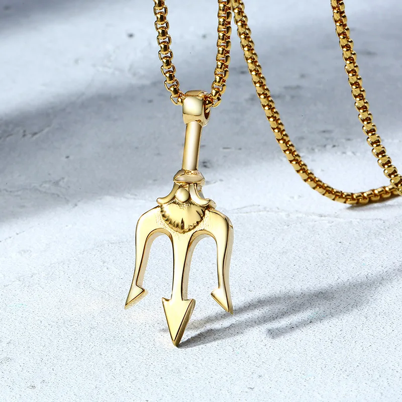 Stainless Steel Trident Pendant Necklace For Men Hip Hop Punk Style Boy Gifts Gold Color 60mm Chain Fahion Jewelry Wholesale