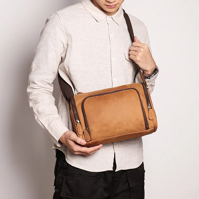 

2024 Cylinder Single-shoulder Bun Layer Cowhide Crossbody Bag Crazy Horse Leather Simple Fashion Casual Men's Bag IPad Bag