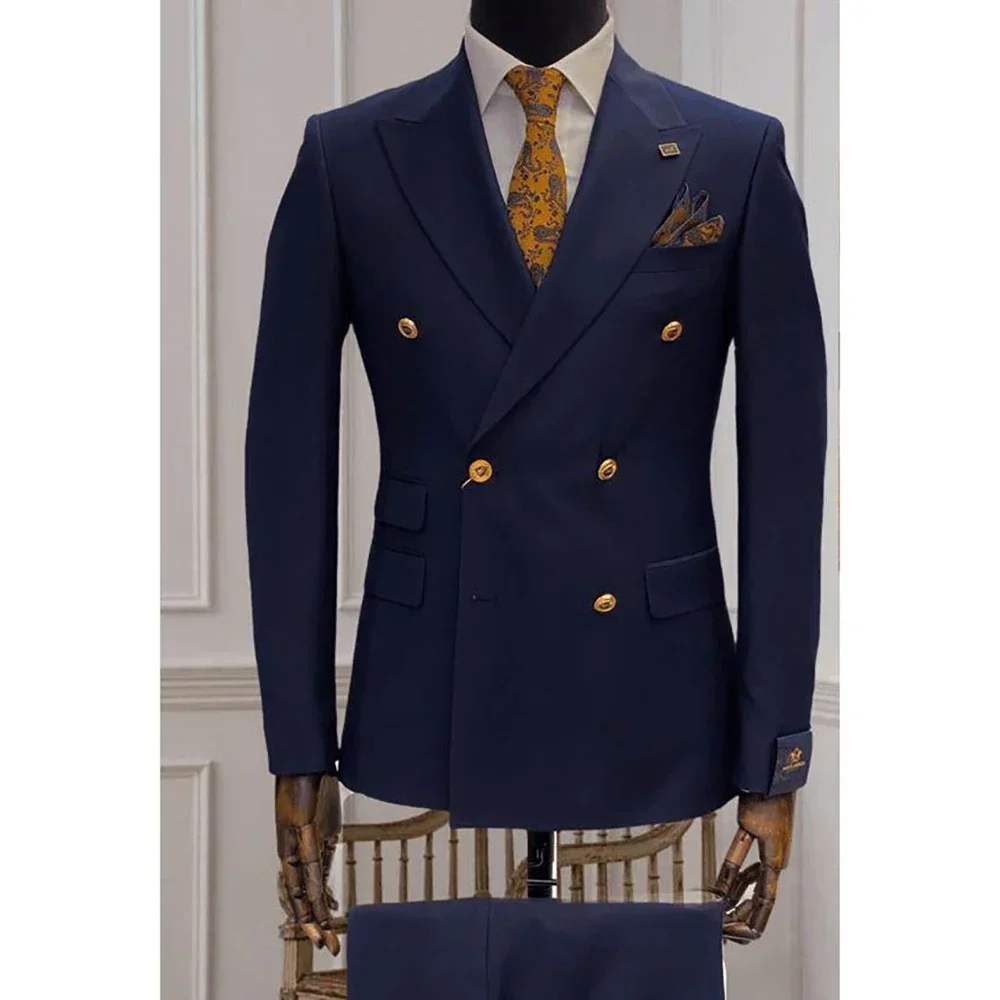 

Мужской деловой костюм из двух предметов, темно-синий двубортный блейзер с лацканами в стиле пик, повседневный смокинг, деловой облегающий блейзер и брюки для офиса