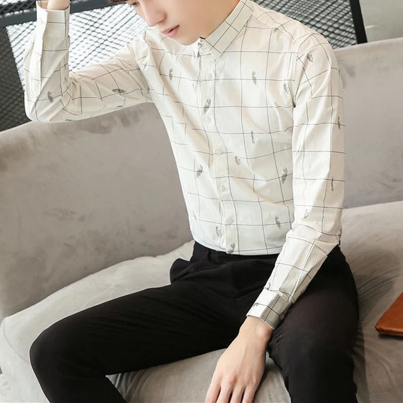 Spring Autumn New Plaid Printing Shirt Man Fashion Turn-down Collar Long Sleeve Slim Button Cardigan High Street All-match Tops