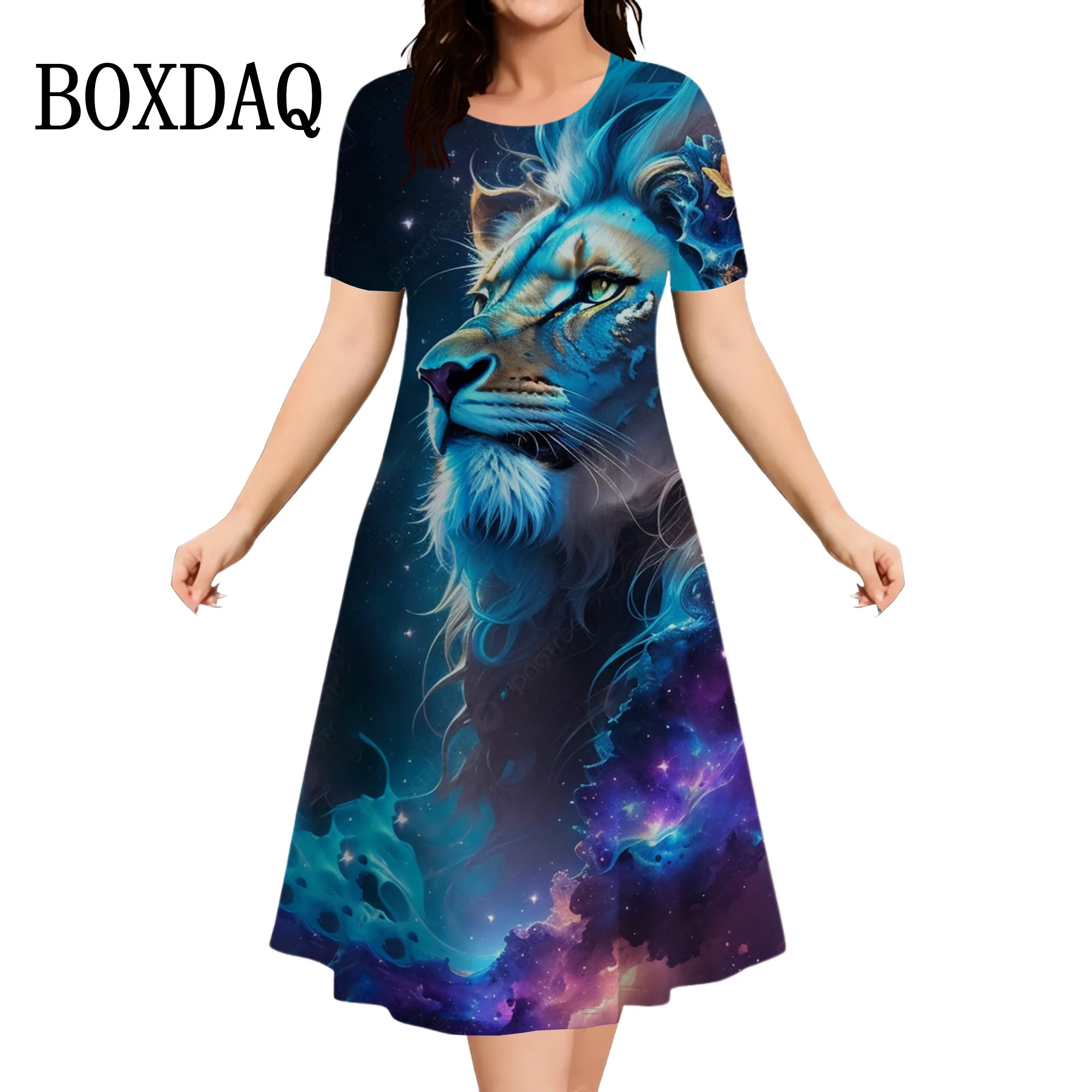 

Lion Pattern Women Fashion Dress Short Sleeve 3D Animal Print Tie-Dye Gradient Dress Street Casual Plus Size Summer Dress 6XL