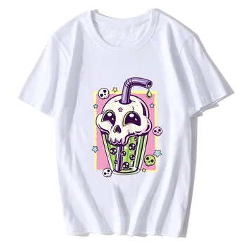 Kawaii Pastel Goth Creepy Skull Boba Bubble Tea Vaporwave T-Shirt Women Men Harajuku Aesthetic Tops Unisex Oversized tees 2