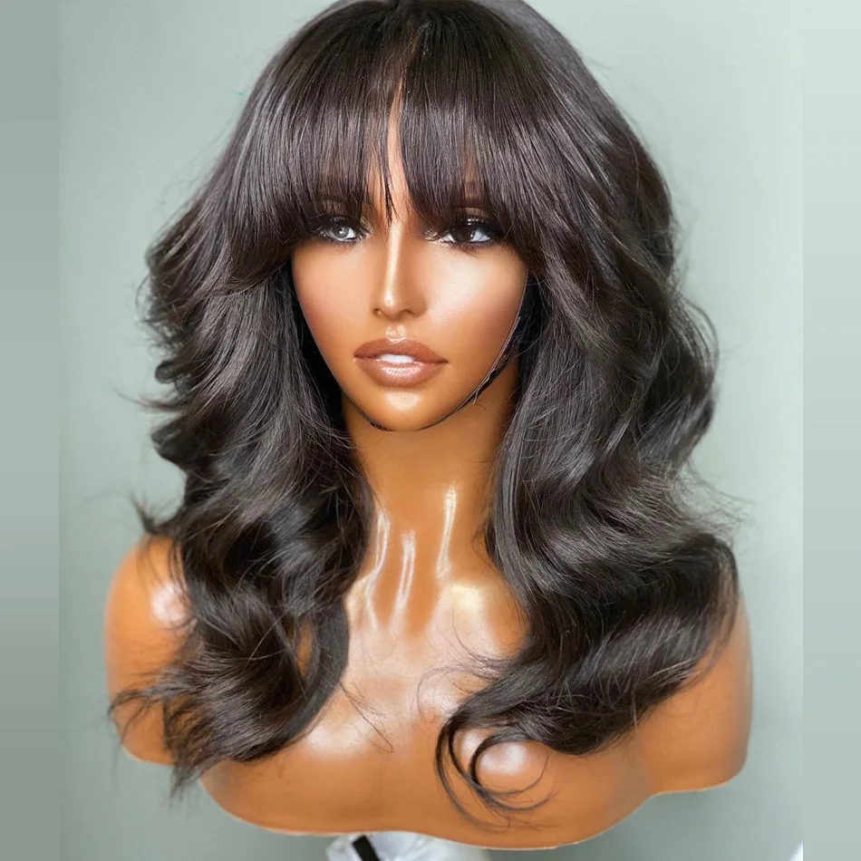 

Soft Natural Black Body Wave 26"Long 180Density Machine Wig With Bangs For Black Women High Temperature Cosplay Glueless Daily