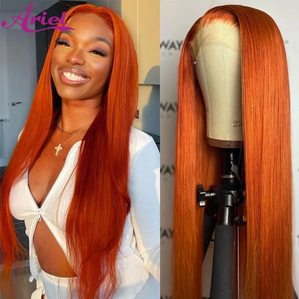 Ariel Ginger Orange Straight Human Hair Wigs Transparent 13x4 Lace Frontal Wig For Women 350