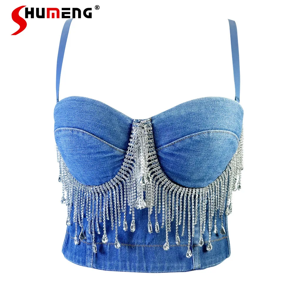 

Slim Fit Denim Corset Top Women Stitching Rhinestone Tassel Bead Fishbone Strap Nightclub Rock Wind Wrapped Chest Bra Camisole