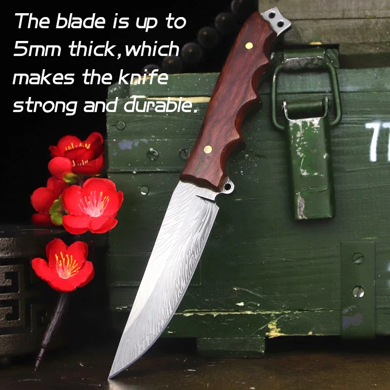 

High Hardness Feather Pattern Steel Outdoor Fixed Blade Knife Wild Camping Hunting Knives Wood Handle Sharp Tool for Collection