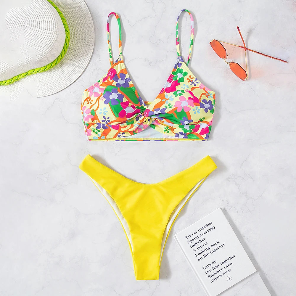 

Sexy Floral Women Bikini Swimsuit Colorblock Print High Waist 2022 Summer Female Swimwear Bathing Suit Beachwear Biqui