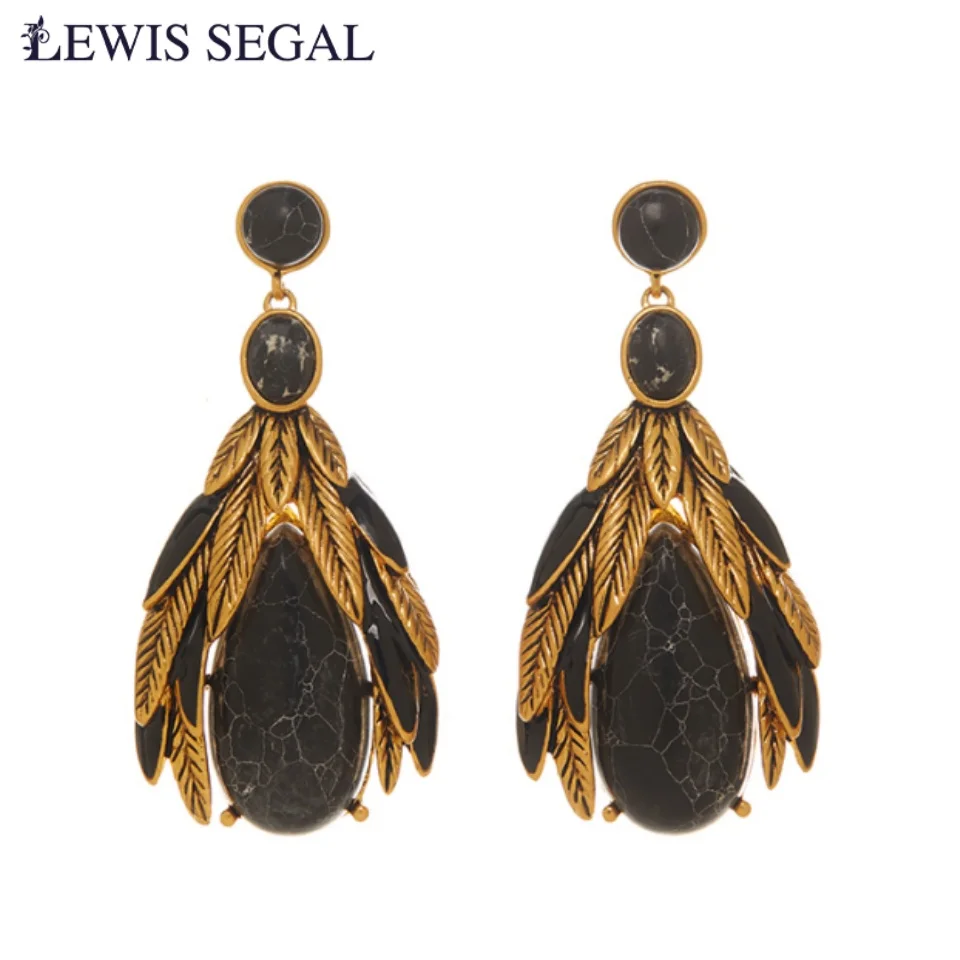 

LEWIS SEGAL Luxury Leaf Cluster Dangling Earrings Black Turquoise Vintage Statement Fine Jewelry 18K Gold Plated