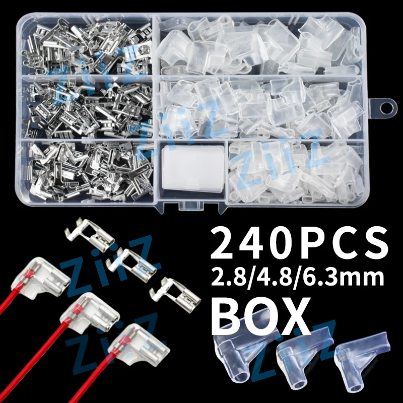 240Pcs BOX Electric Flag/Right Angle Crimp Terminal Wire Connectors Set 2.8 4.8/6.3mm Female+sheath Brass Silver Car ZiiZ