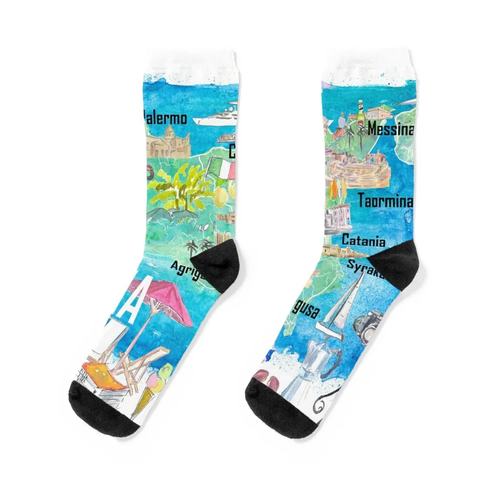 

Sicily Italy Illustrated Travel Map with Roads and Tourist Highlights Socks soccer anti-slip essential Socks Man Women's