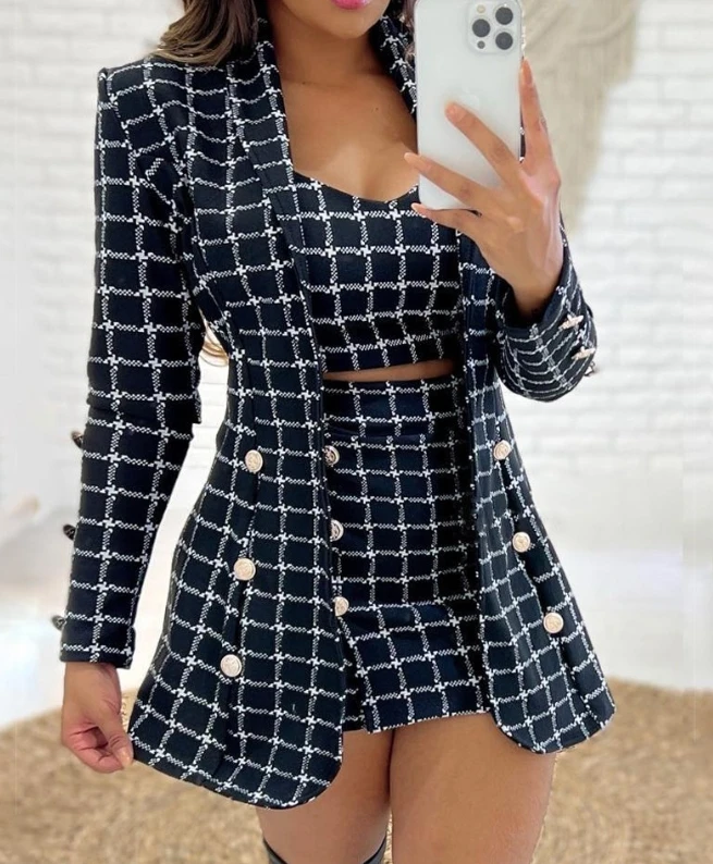 3Pcs Elegant Plaid Print Long Sleeves Blazer Coat & Above Knee Skirt Set with Crop Top 2023 New Stylish Ladies Office Suit Set elegant ol office ladies suits pants 3pcs breathable turndown collar women jacket dress suits slim jacket vest pants suit set