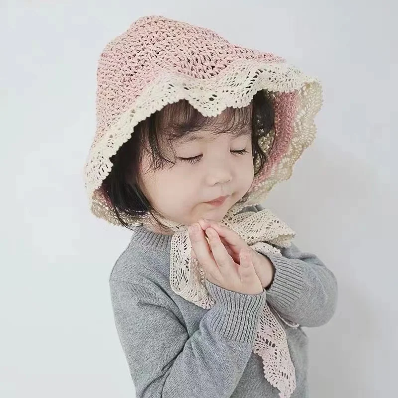 2022 Summer Straw Baby Hat Lace Newborn Baby Bucket Hat Kids Sun Hats Kids Cap Children Panama Cap Outdoor Travel Beach Cap Baby Accessories luxury	 Baby Accessories