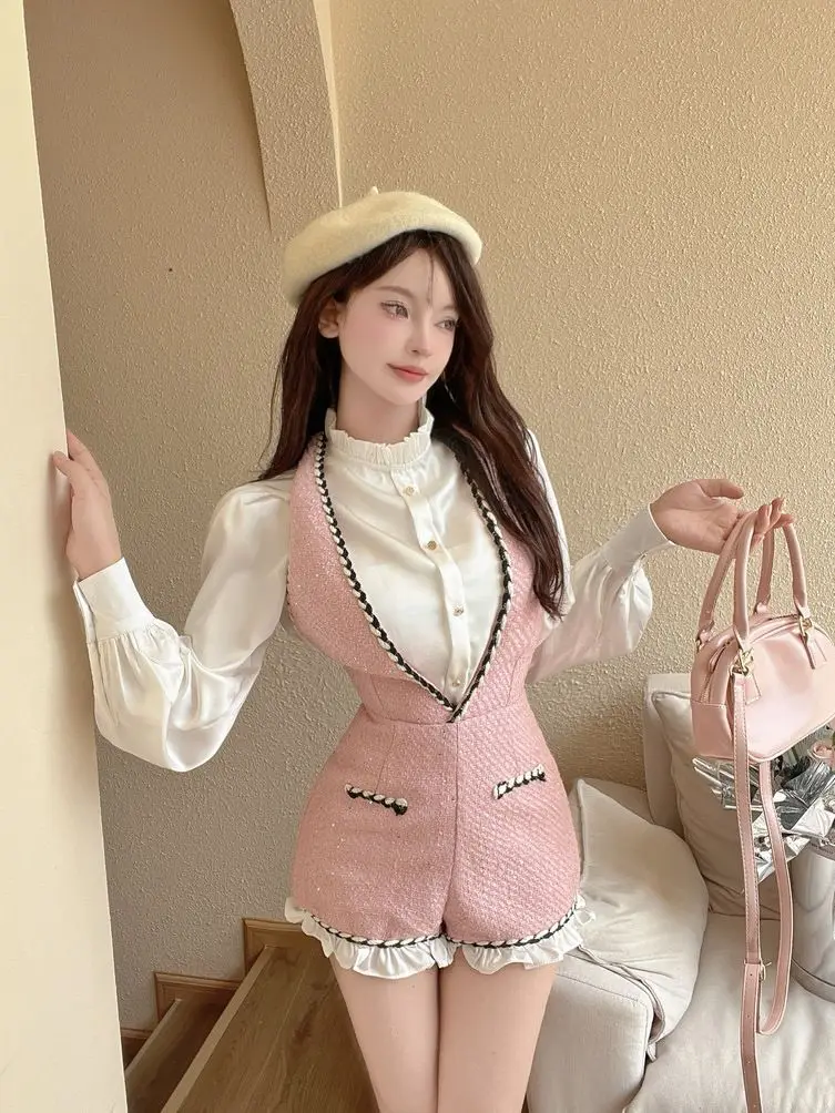 French Vintage Two-piece Set Women Solid Ruffles O-neck Shirt Tweed Halter Short Overalls Elegant Fashion Autumn Y2K Outfits New