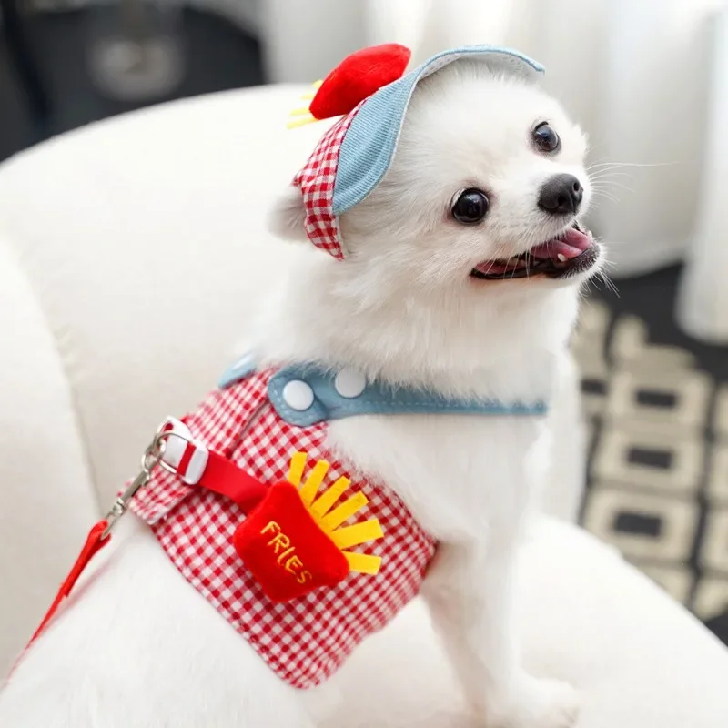 1/Set Fries Pet Harness Traction Rope Pet Wire Rope Pulling Cute Hat Three Piece Puppy Clothes Outgoing Pulling Harness Leash pet harness set pet harness leash set pet leash set