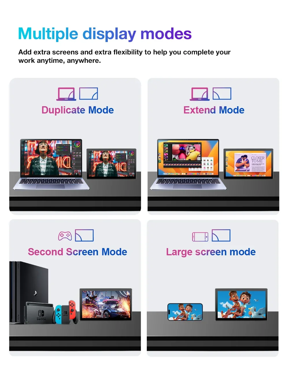 10.1인치 터치스크린 휴대용 모니터, 1366x768 HD IPS 디스플레이, HDMI Type-C, 노트북 PC 스위치용 외부 보조 화면