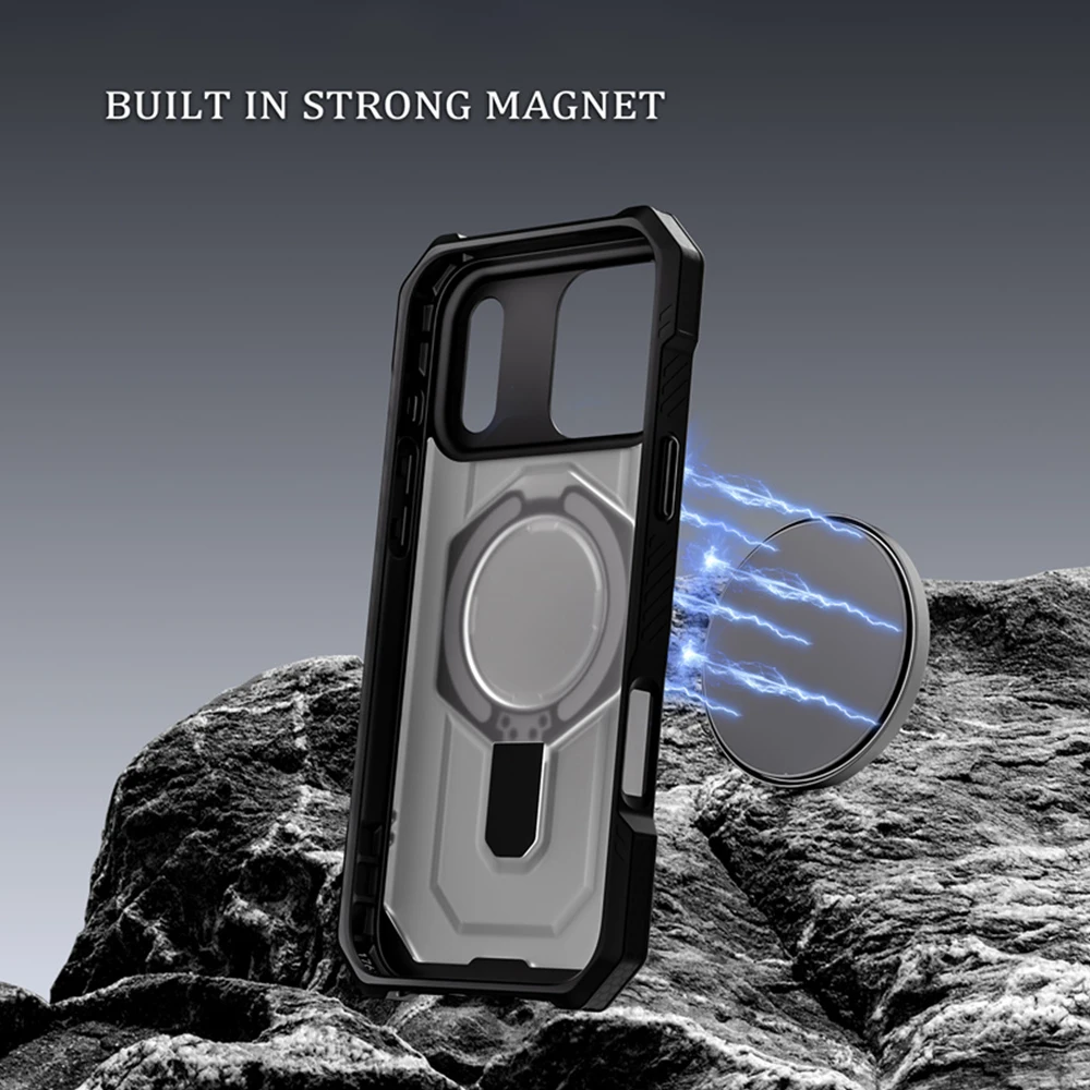 Rugged Magnetic Armor Fold Stand Phone Case with Wireless Charging and Corner Protection