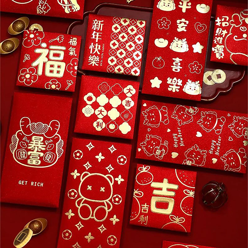 

6PCS 2024 Dragon Year Red Envelope New Year Birthday Wedding Kids Gift Dragon Pattern Lucky Money Envelopes Red Packets