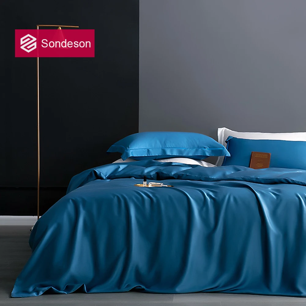 

Sondeson Noble Blue 100% Silk Bedding Set Solid Color Double Queen King Duvet Cover Flat Sheet Fitted Sheet Pillowcase Bed Set