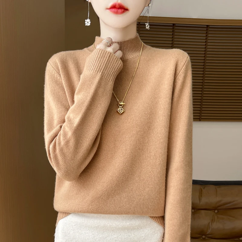One Line Half Height 100% Andy Velvet Knitted Sweater For Women's Autumn And Winter New Top, Loose Long Sleeved Basic Style GH79 5