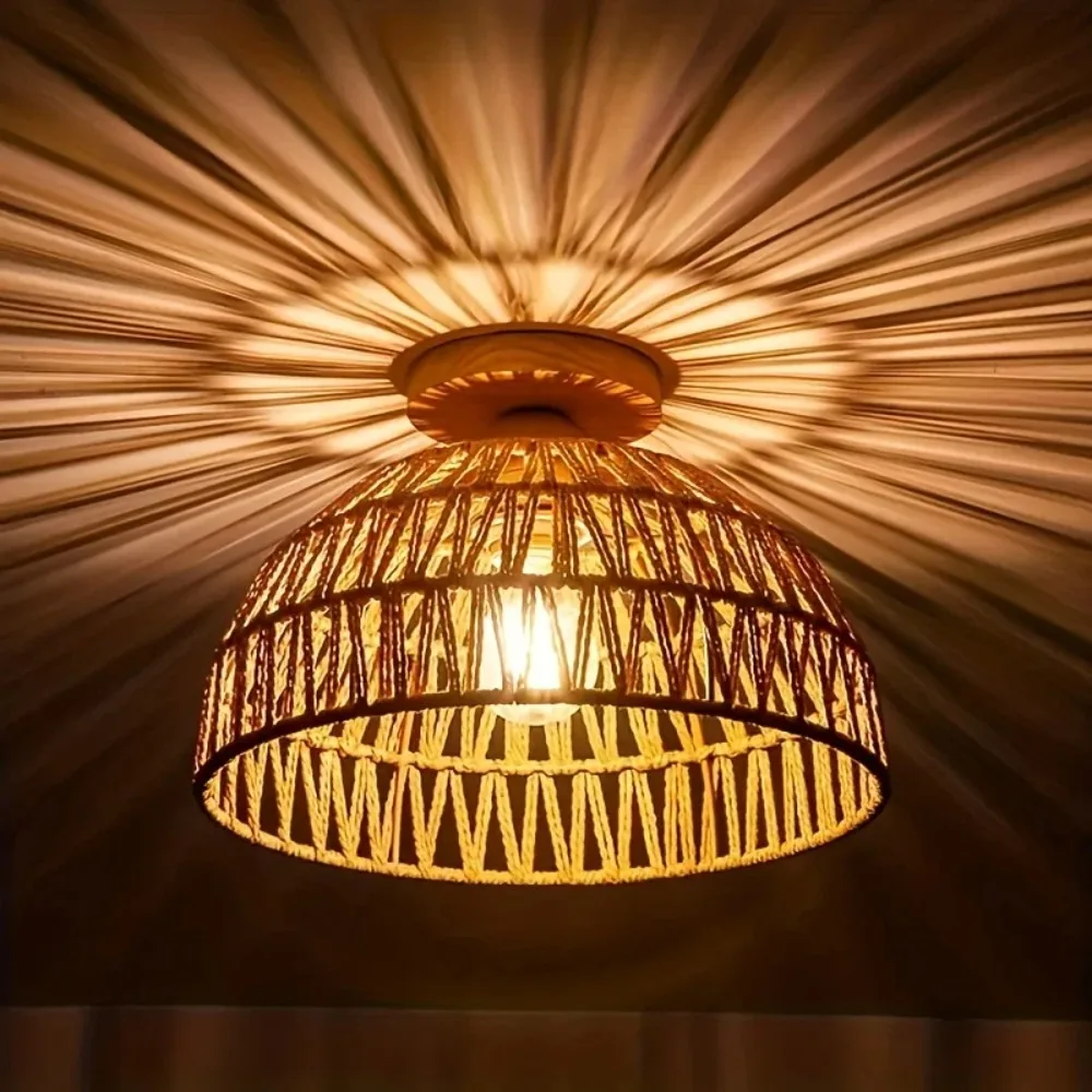 Nordic Semi-Circular Natural Handmade Wicker Lampshade Ceiling Mount for Island Cafe Bar Corridor Restaurant Bedroom Living Room