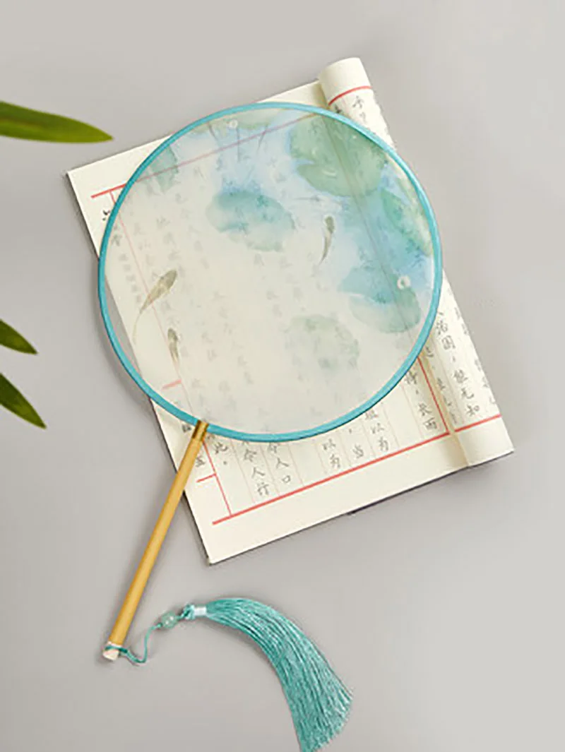 Chinese Traditional Circular Fan, Round Hand Fan, Classical, Ancient Dance Costume, Han Fu Cheongsam with Long Handle, Tassel,