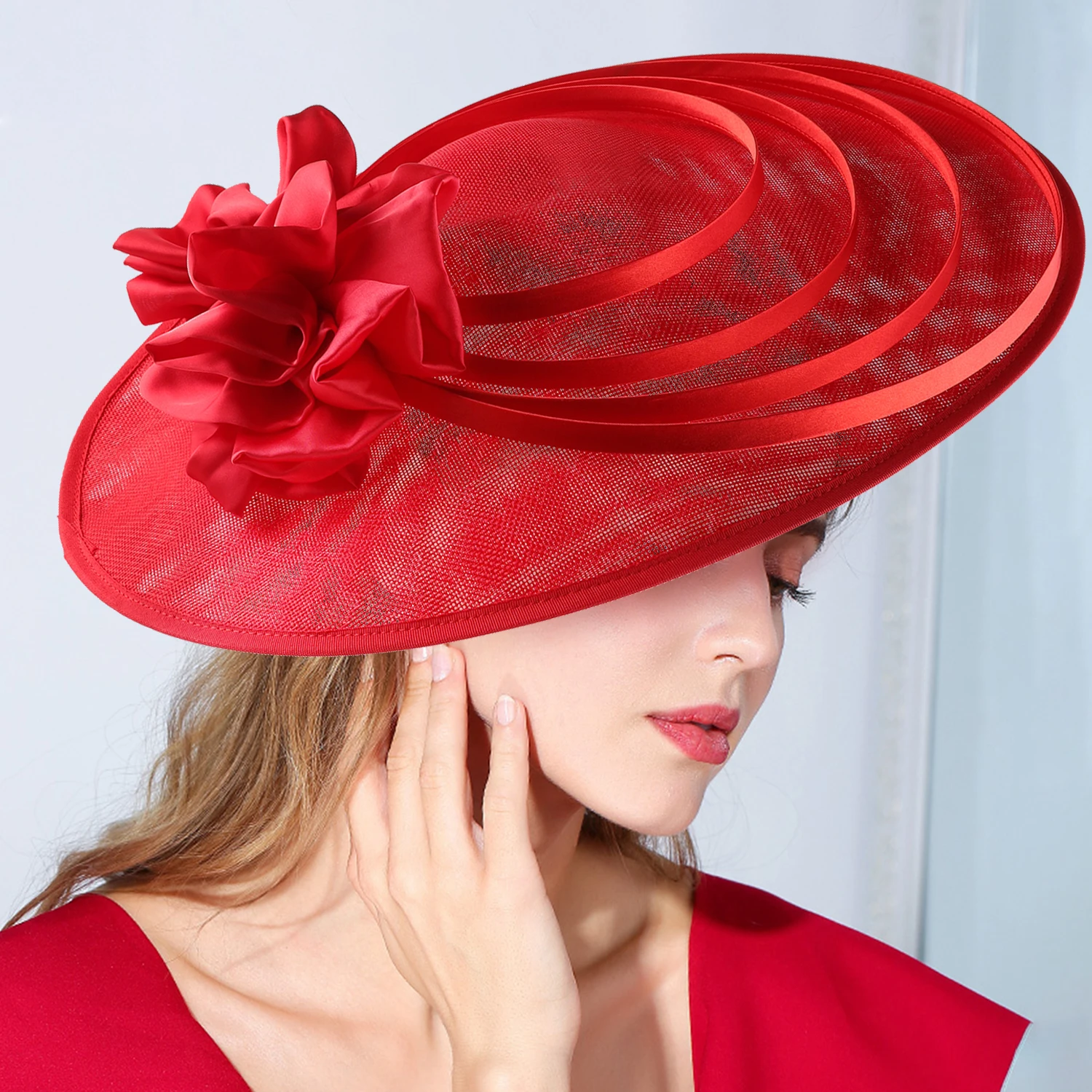Red Large Flower Fascinator White Sinamay Church Hat Kentucky Derby Hat Wedding Luxury Headband Cocktail Tea Party for Women fashion hat