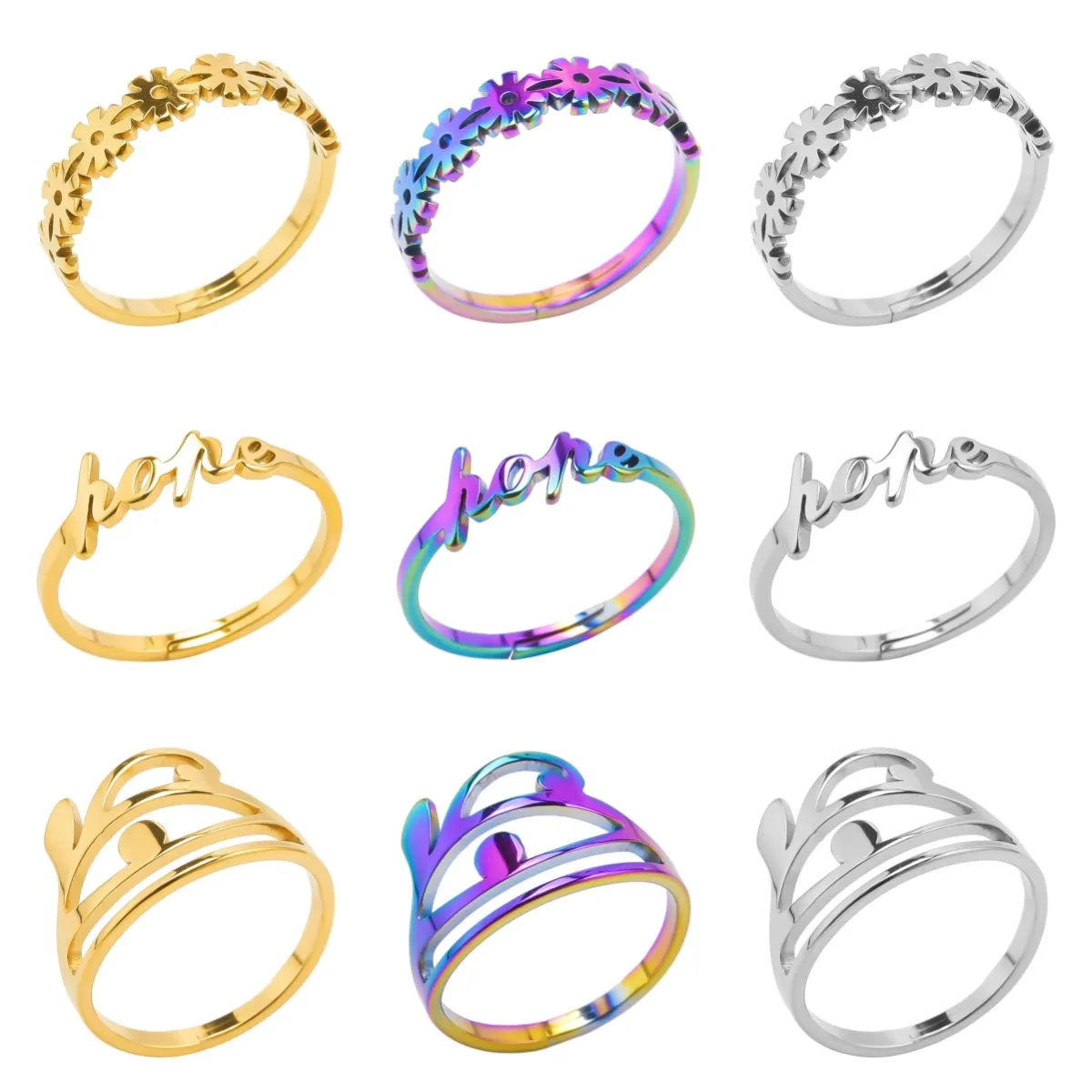 

Кольца из нержавеющей стали с гальваническим покрытием для мужчин и женщин, винтажные регулируемые украшения с гальваническим покрытием, в форме цветка, дьявольского глаза, надежды, аксессуары «сделай сам», 10 штук в партии